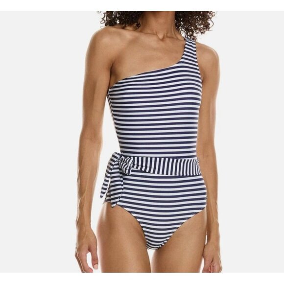 Jones NY white and navy striped one shoulder bathing swimsuit one shoulder NEW S - Picture 1 of 7